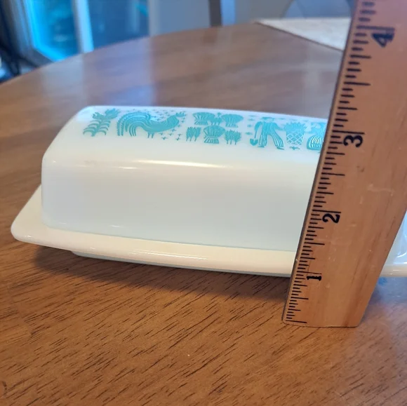 Vtg Pyrex Amish Butterprint Butter Dish/Lid Rooster Turquoise White Blue 7" - Picture 6 of 6